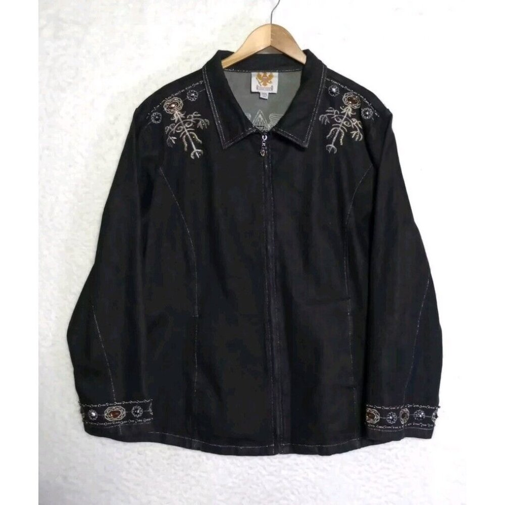 Ameri Mode Denim Jacket Rhinestone Bling Full Zip Women's Size 3XL